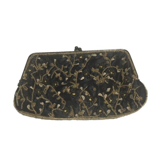 Black satin flower embroidered & beaded clutch purse/black chrome clasp Lacome - Picture 2 of 6